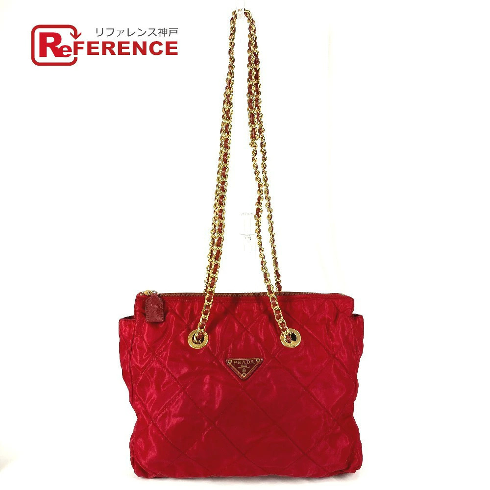 Prada Triangle Enameled Logo Tote Bag Double Chain Red